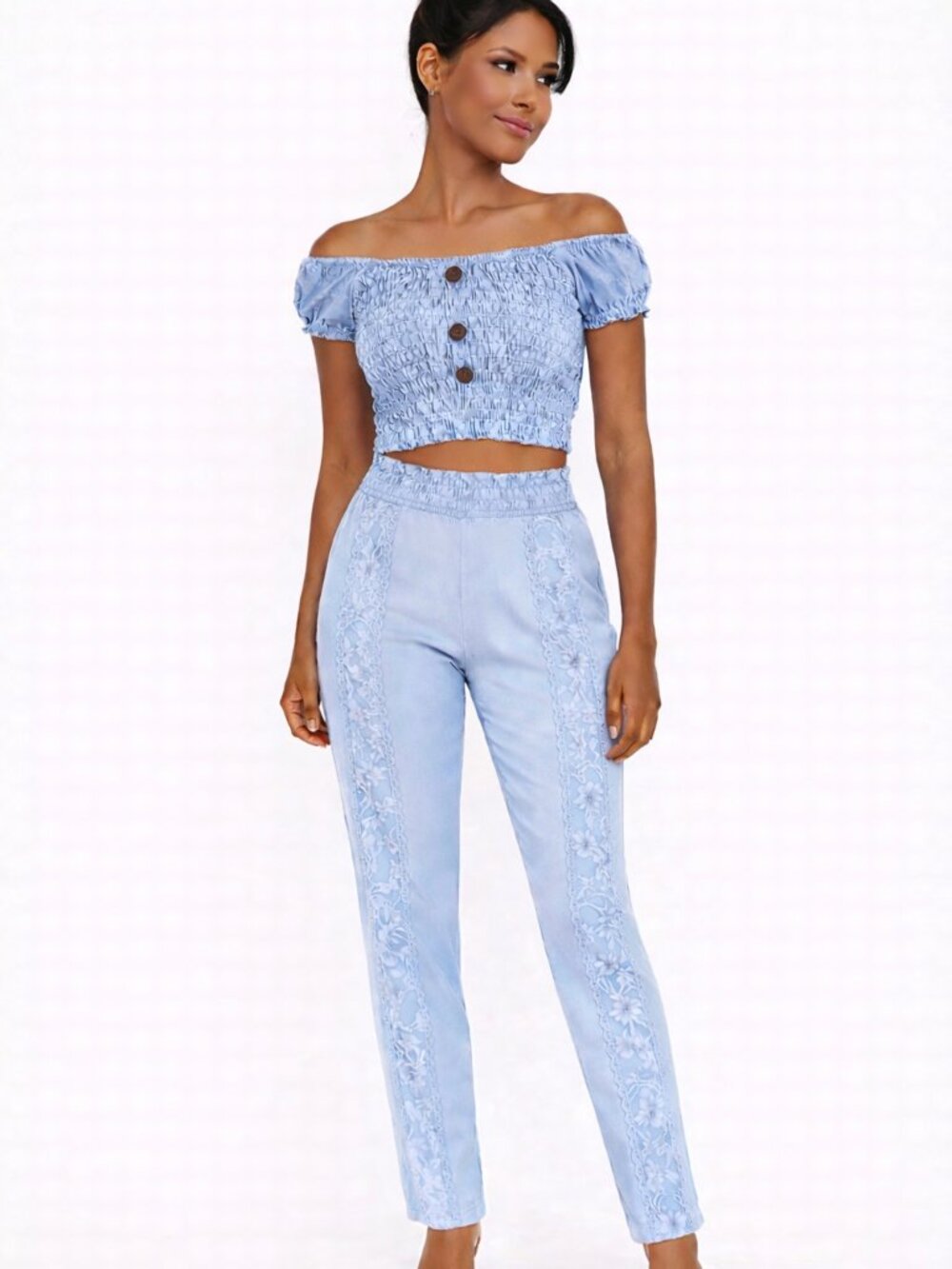 Periwinkle Smocked Crochet Coord Set RARE Beach Cropped Floral Gauzy Gift Summer